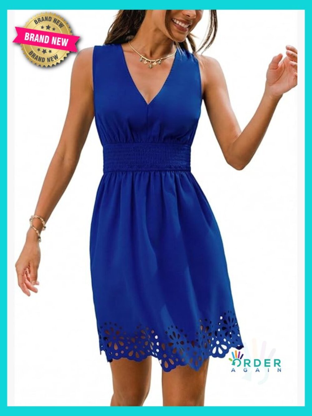 Women's Mini Summer Dress V Neck Sleeveless Smocked Waist Eyelet A Line Casual